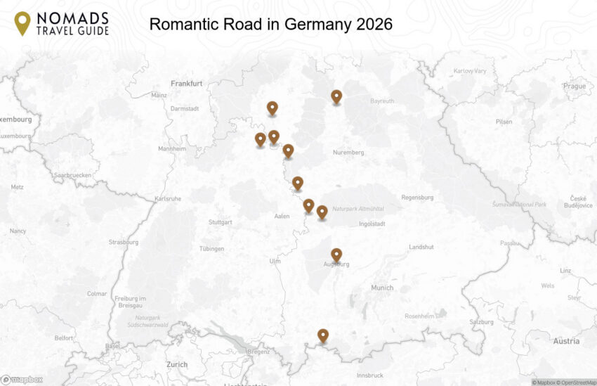 Map of the Romantic Road in Germany: Complete Guide & Itinerary walking route with 10 stops in Würzburg.