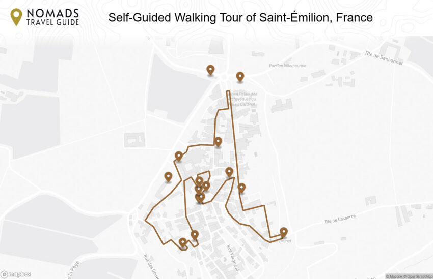 Map of the Self-Guided Walking Tour of Saint-Émilion, France walking route with 15 stops in Saint-Émilion.