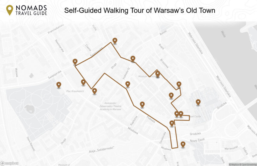 Map of the Self-Guided Walking Tour of Warsaw’s Old Town walking route with 17 stops in Warsaw.