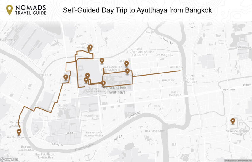Map of the Self-Guided Day Trip to Ayutthaya from Bangkok walking route with 10 stops in Ayutthaya.