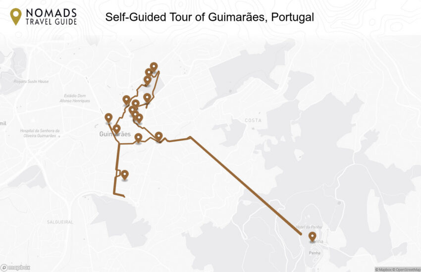 Map of the Self-Guided Tour of Guimarães, Portugal  walking route with 15 stops in Guimarães.