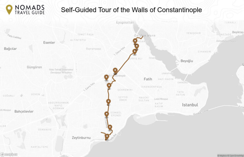 Map of the Self-Guided Tour of the Walls of Constantinople walking route with 11 stops in Istanbul.