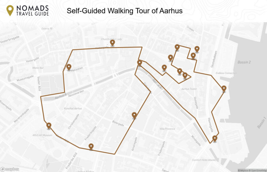 Map of the Self-Guided Walking Tour of Aarhus walking route with 15 stops in Aarhus.