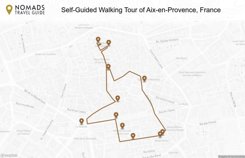 Map of the Self-Guided Walking Tour of Aix-en-Provence, France walking route with 11 stops in Aix en Provence.