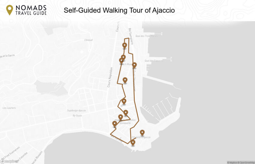 Map of the Self-Guided Walking Tour of Ajaccio walking route with 11 stops in Ajaccio.