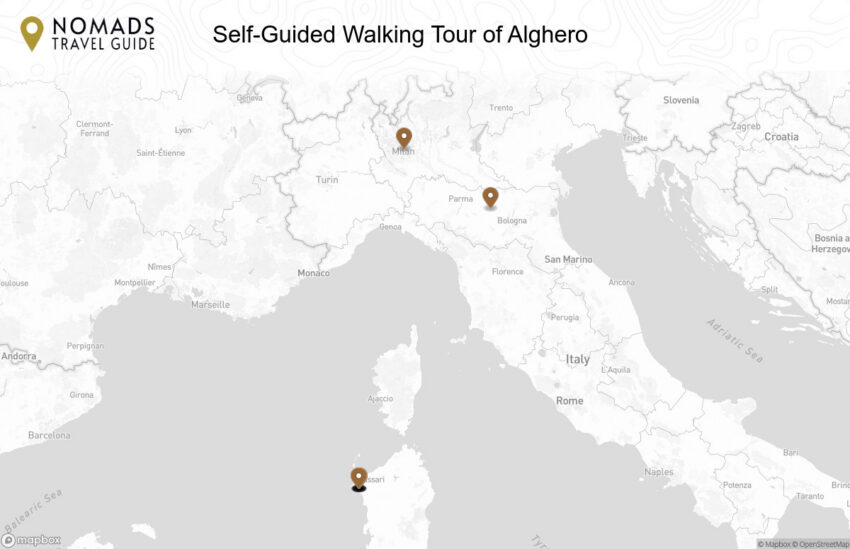 Map of the Self-Guided Walking Tour of Alghero walking route with 12 stops in Alghero.