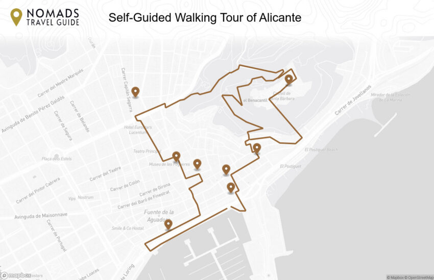 Map of the Self-Guided Walking Tour of Alicante walking route with 8 stops in Alicante.