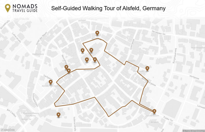 Map of the Self-Guided Walking Tour of Alsfeld, Germany walking route with 11 stops in Alsfeld.