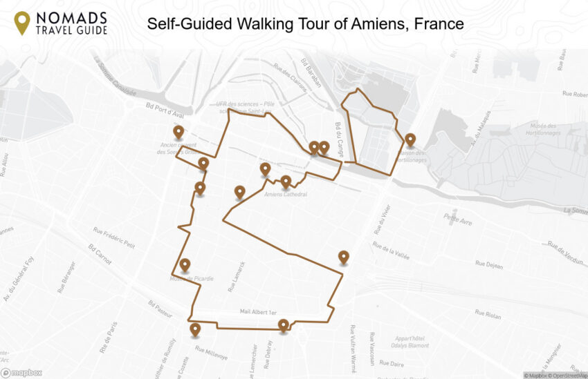 Map of the Self-Guided Walking Tour of Amiens, France walking route with 13 stops in Amiens.