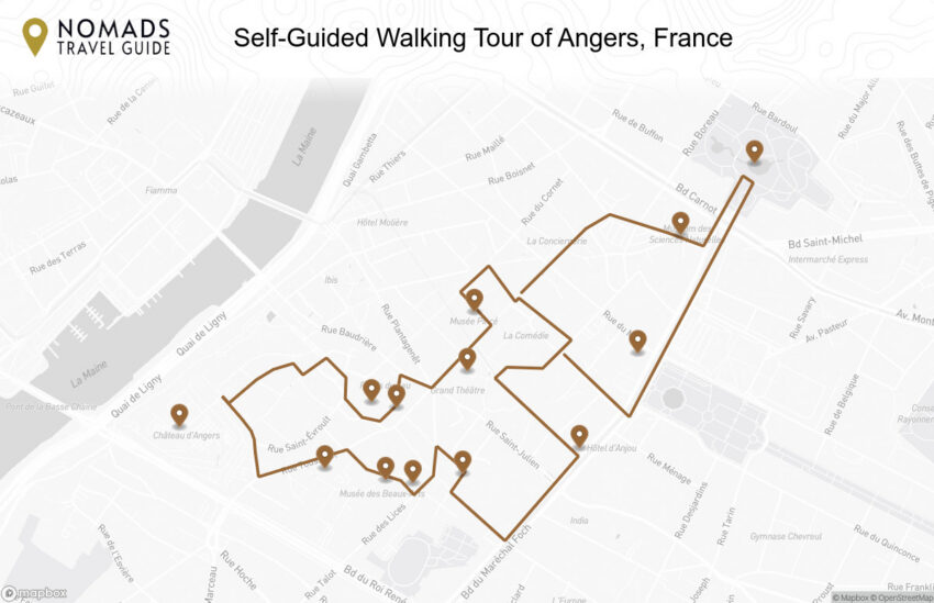 Map of the Self-Guided Walking Tour of Angers, France walking route with 13 stops in Angers.