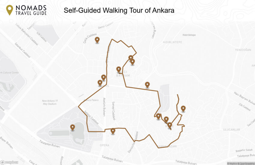 Map of the Self-Guided Walking Tour of Ankara walking route with 13 stops in Ankara.