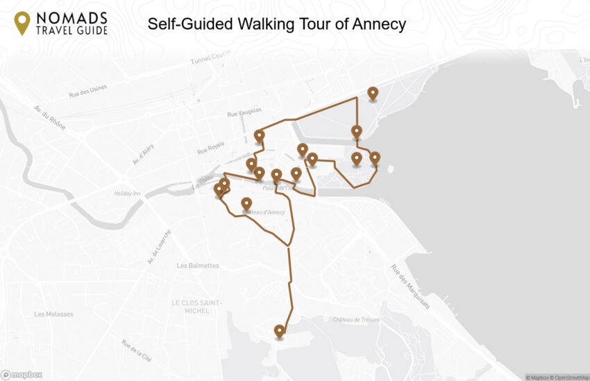 Map of the Self-Guided Walking Tour of Annecy walking route with 15 stops in Annecy.