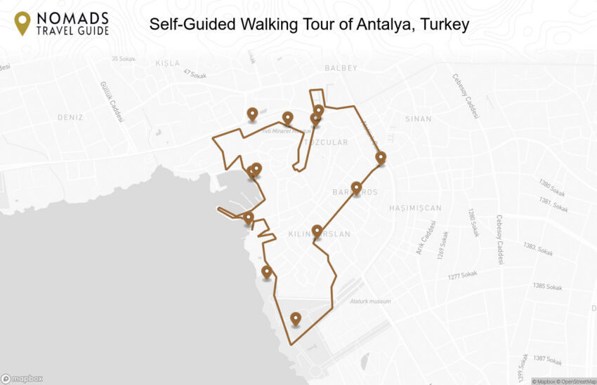 Map of the Self-Guided Walking Tour of Antalya, Turkey walking route with 12 stops in Antalya.