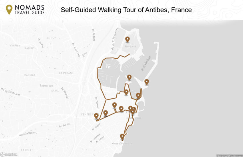 Map of the Self-Guided Walking Tour of Antibes, France walking route with 14 stops in Antibes.
