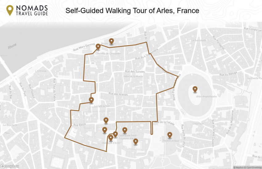 Map of the Self-Guided Walking Tour of Arles, France walking route with 11 stops in Arles.