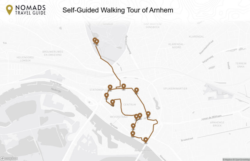 Map of the Self-Guided Walking Tour of Arnhem walking route with 13 stops in Arnhem.
