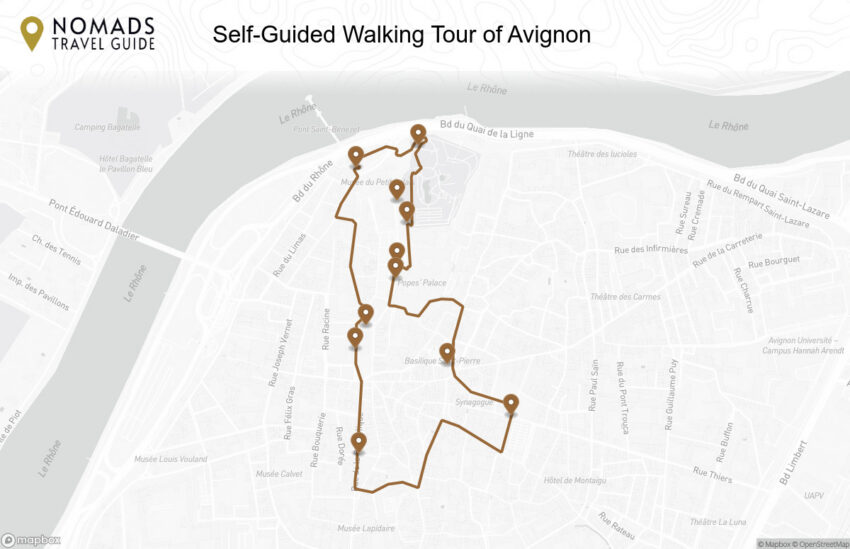 Map of the Self-Guided Walking Tour of Avignon walking route with 11 stops in Avignon.