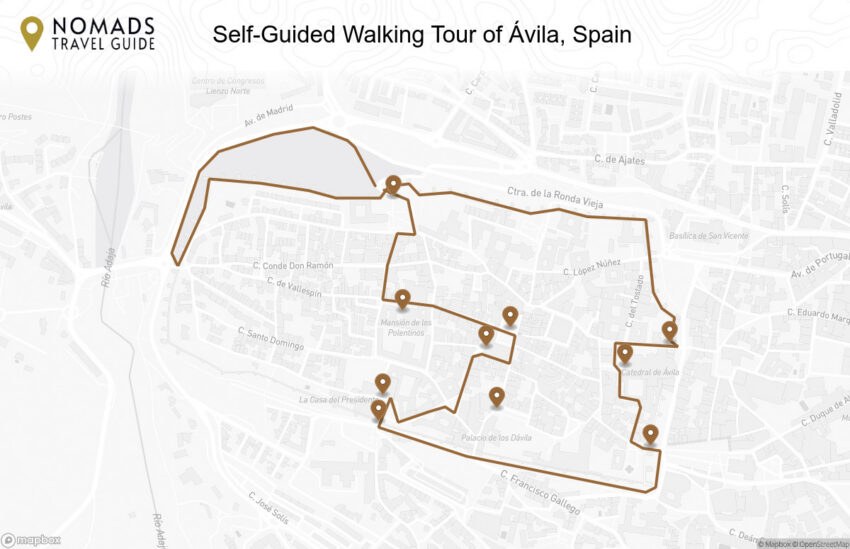Map of the Self-Guided Walking Tour of Ávila, Spain walking route with 10 stops in Ávila.