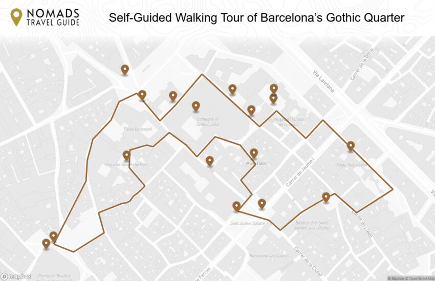 Map of the Self-Guided Walking Tour of Barcelona’s Gothic Quarter walking route with 17 stops in Barcelona.