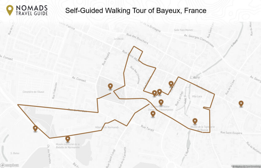 Map of the Self-Guided Walking Tour of Bayeux, France walking route with 10 stops in Bayeux.