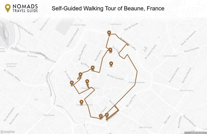 Map of the Self-Guided Walking Tour of Beaune, France walking route with 10 stops in Beaune.