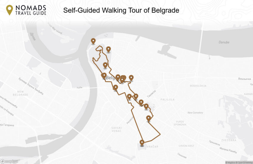 Map of the Self-Guided Walking Tour of Belgrade (+ Maps!) walking route with 17 stops in Belgrade.