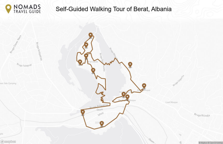 Map of the Self-Guided Walking Tour of Berat, Albania walking route with 11 stops in Berat.