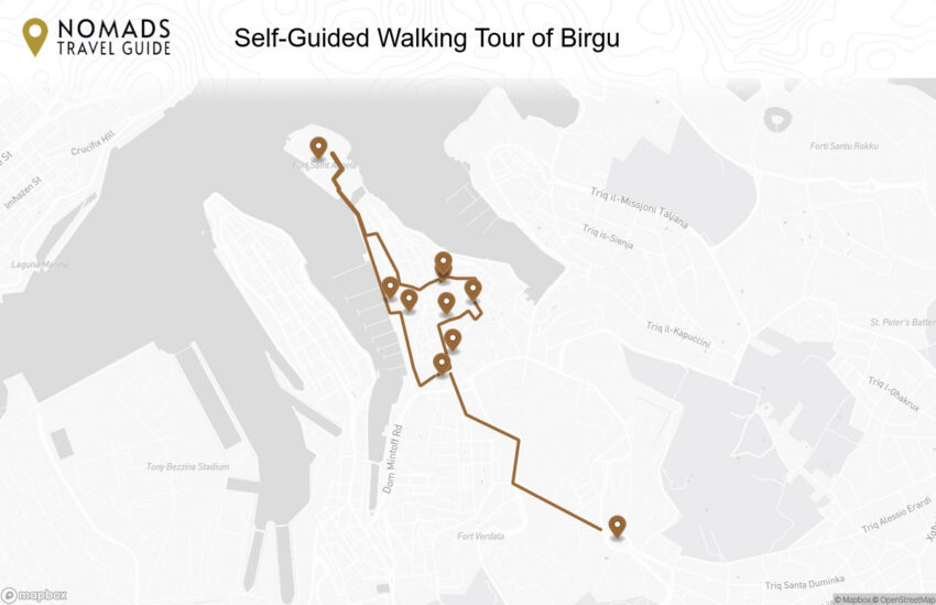 Map of the Self-Guided Walking Tour of Birgu walking route with 10 stops in Birgu.