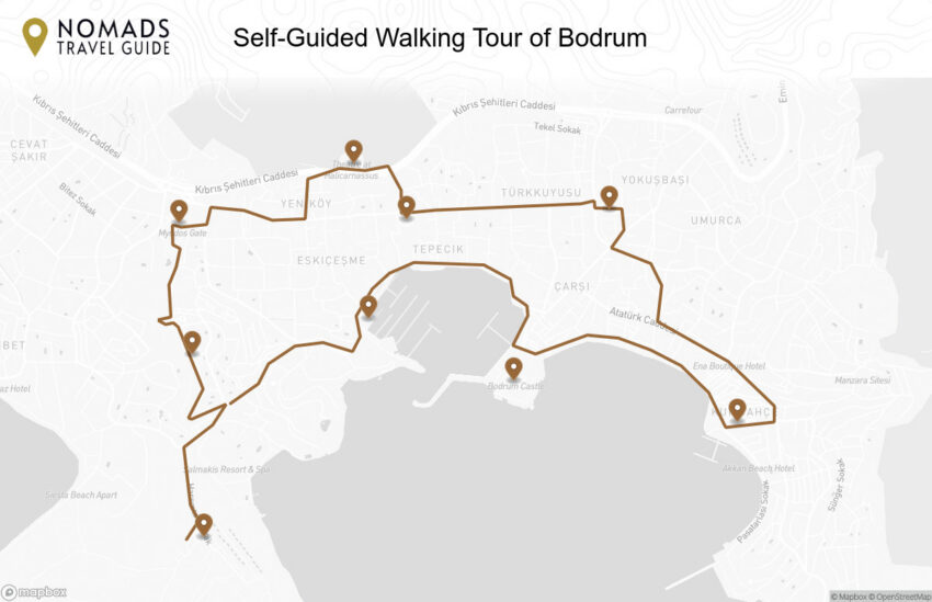 Map of the Self-Guided Walking Tour of Bodrum walking route with 9 stops in Bodrum.