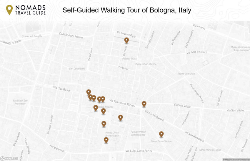 Map of the Self-Guided Walking Tour of Bologna, Italy walking route with 13 stops in Bologna.