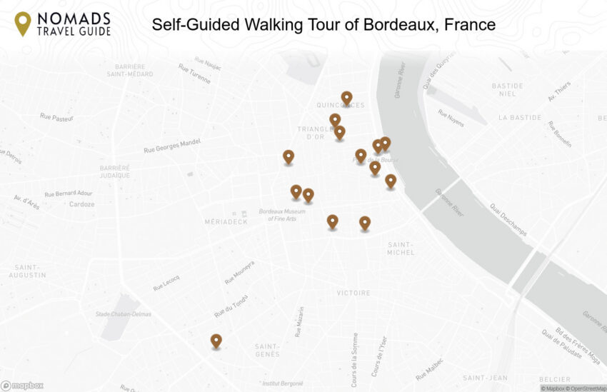 Map of the Self-Guided Walking Tour of Bordeaux, France walking route with 14 stops in Bordeaux.