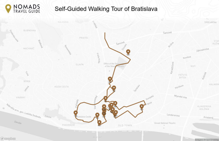 Map of the Self-Guided Walking Tour of Bratislava (+Maps!) walking route with 21 stops in Bratislava.