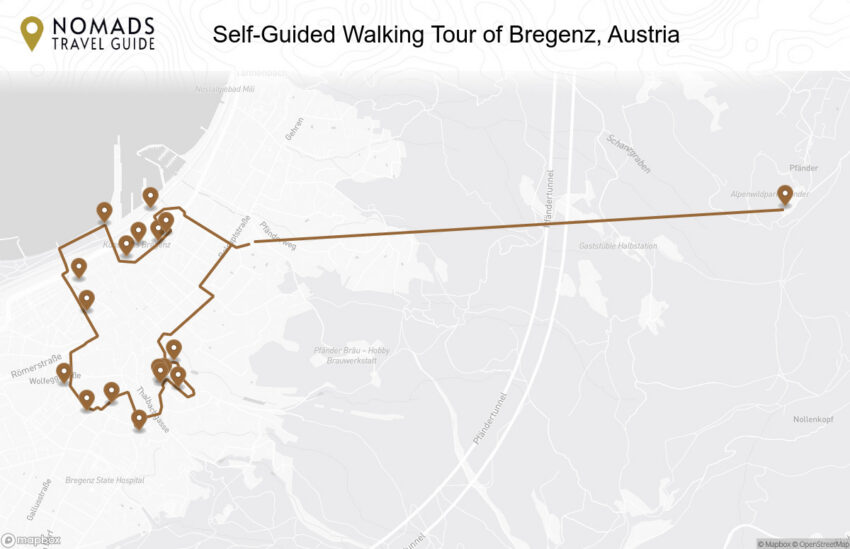 Map of the Self-Guided Walking Tour of Bregenz, Austria (+Maps!) walking route with 18 stops in Bregenz.