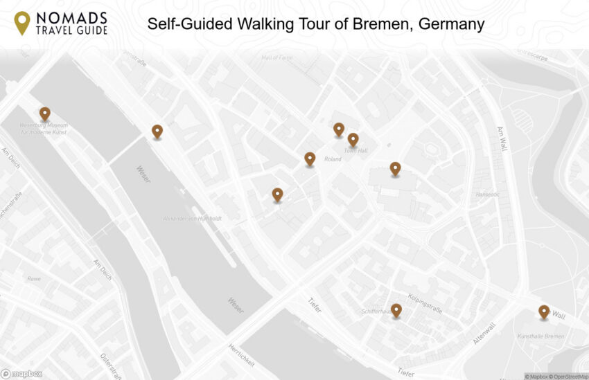 Map of the Self-Guided Walking Tour of Bremen, Germany walking route with 9 stops in Bremen.