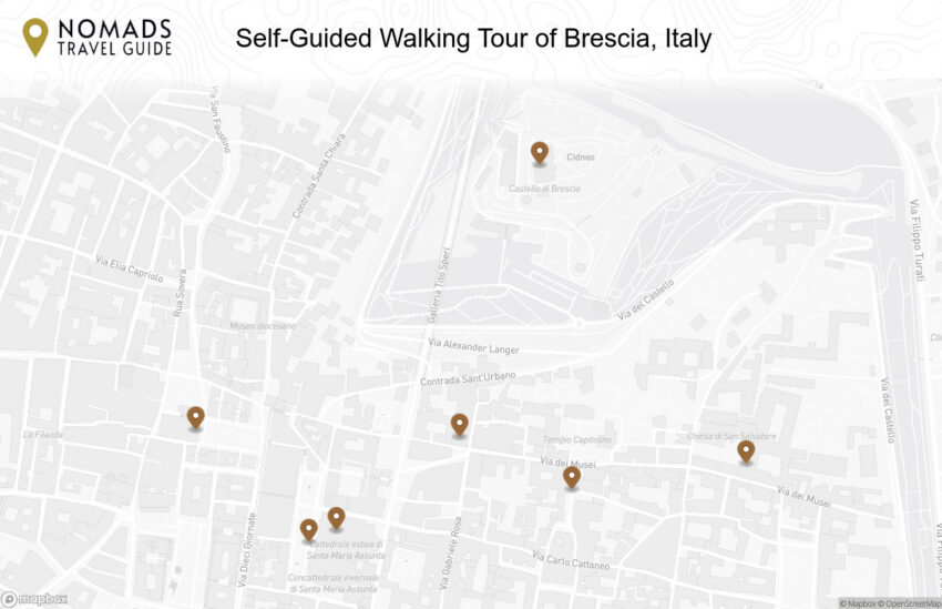 Map of the Self-Guided Walking Tour of Brescia, Italy walking route with 7 stops in Brescia.