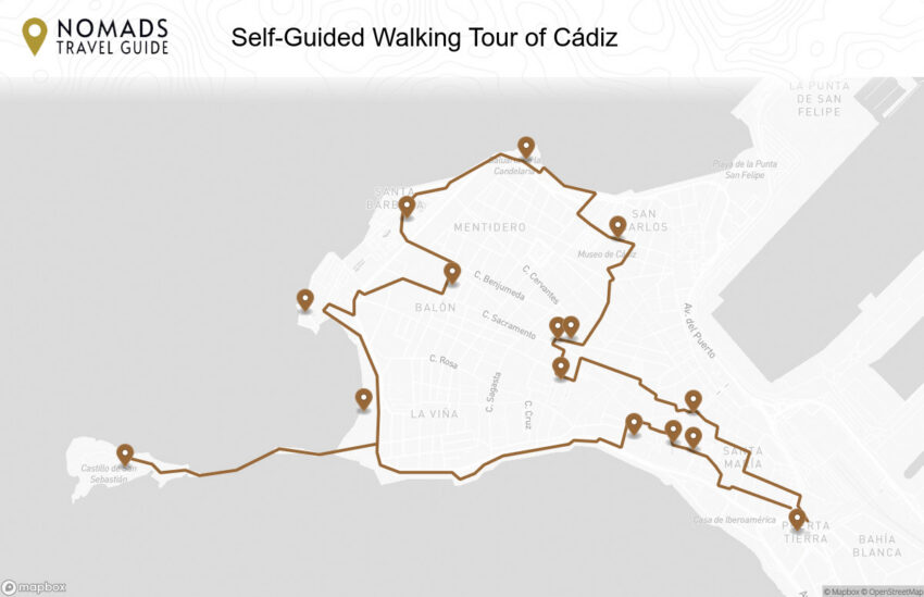 Map of the Self-Guided Walking Tour of Cádiz walking route with 15 stops in Cádiz.