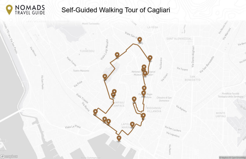 Map of the Self-Guided Walking Tour of Cagliari walking route with 18 stops in Cagliari.
