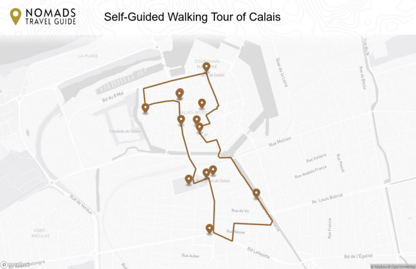 Map of the Self-Guided Walking Tour of Calais walking route with 13 stops in Calais.