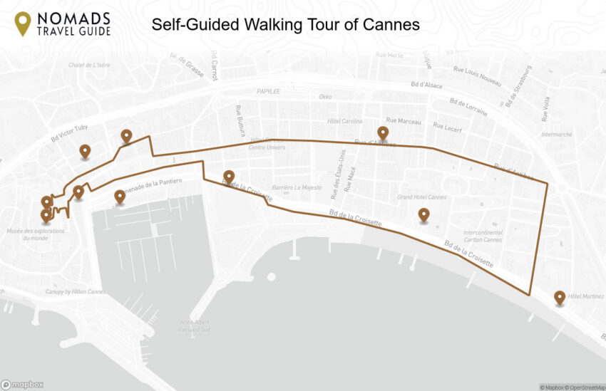 Map of the Self-Guided Walking Tour of Cannes walking route with 10 stops in Cannes.