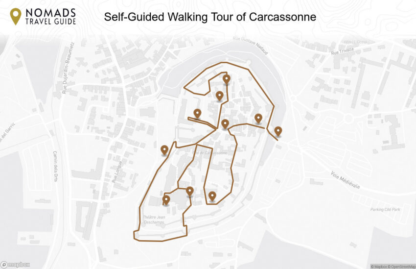 Map of the Self-Guided Walking Tour of Carcassonne walking route with 10 stops in Carcassonne.