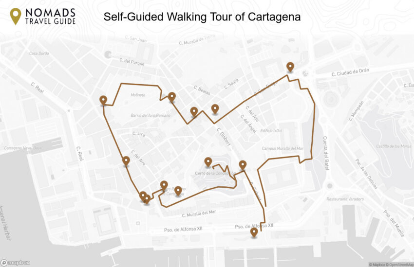 Map of the Self-Guided Walking Tour of Cartagena walking route with 13 stops in Cartagena.