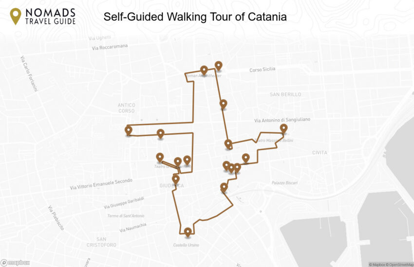 Map of the Self-Guided Walking Tour of Catania walking route with 17 stops in Catania.