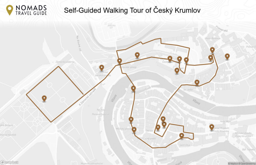 Map of the Self-Guided Walking Tour of Český Krumlov (+ Maps!) walking route with 20 stops in Český Krumlov.