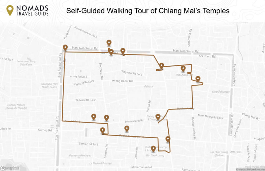 Map of the Self-Guided Walking Tour of Chiang Mai’s Temples walking route with 14 stops in Chiang Mai.