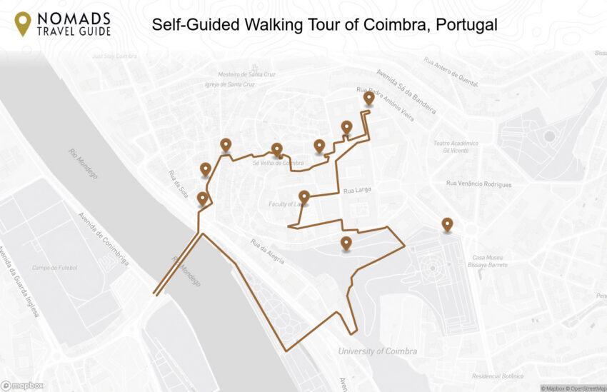 Map of the Self-Guided Walking Tour of Coimbra, Portugal walking route with 10 stops in Coimbra.