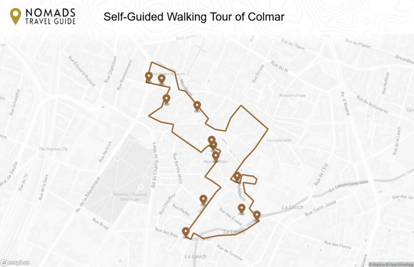 Map of the Self-Guided Walking Tour of Colmar walking route with 12 stops in Colmar.