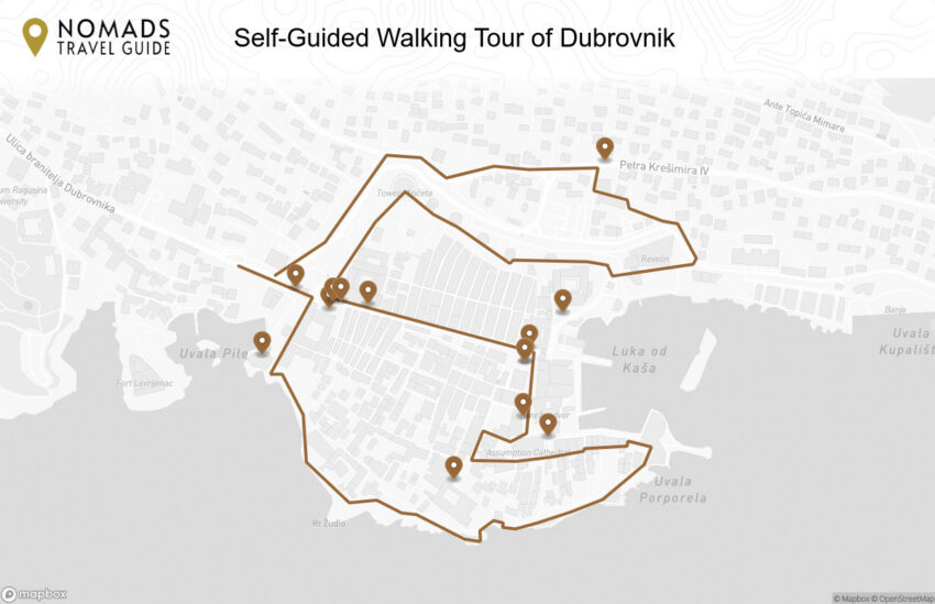 Map of the Self-Guided Walking Tour of Dubrovnik (+Maps!) walking route with 14 stops in Dubrovnik.