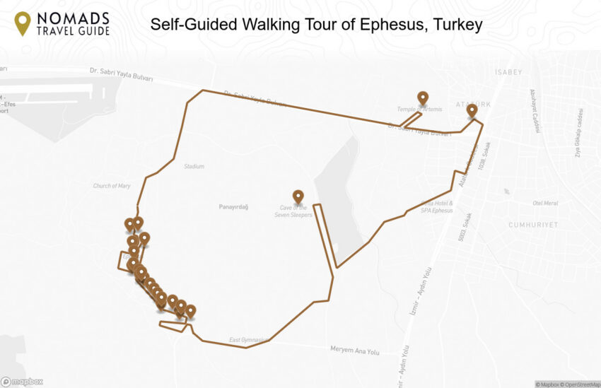 Map of the Self-Guided Walking Tour of Ephesus, Turkey (+Maps) walking route with 23 stops in Ephesus.
