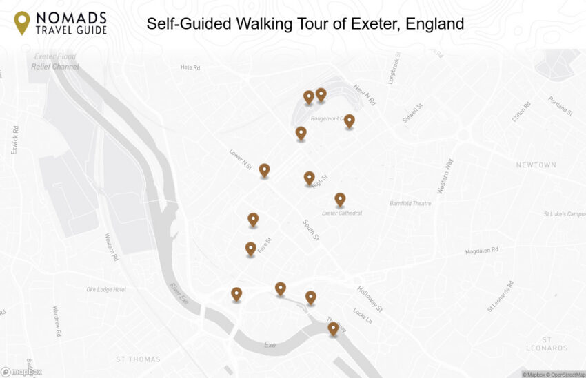 Map of the Self-Guided Walking Tour of Exeter, England walking route with 13 stops in Exeter.
