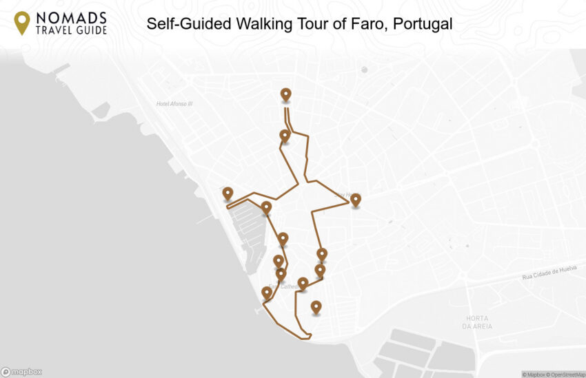 Map of the Self-Guided Walking Tour of Faro, Portugal walking route with 13 stops in Faro.